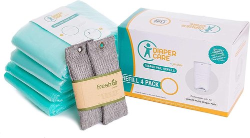 Jasclair Refill Bags for Dekor Plus Diaper Pail - Odor-Locking Multi-Layer Liners | 4 Pack | Light Baby Powder Scent