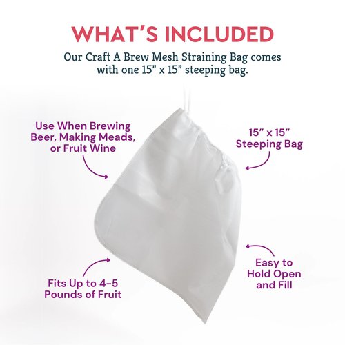 Craft A Brew - Mesh Straining Bag - For Wine Making, Beers & Meads - Nylon Steeping Bags - For Steeping Grains Or Fermenting Whole Fruit - Fits Up to 4-5 lb of Fruit - 15” x 15” - 1 Count