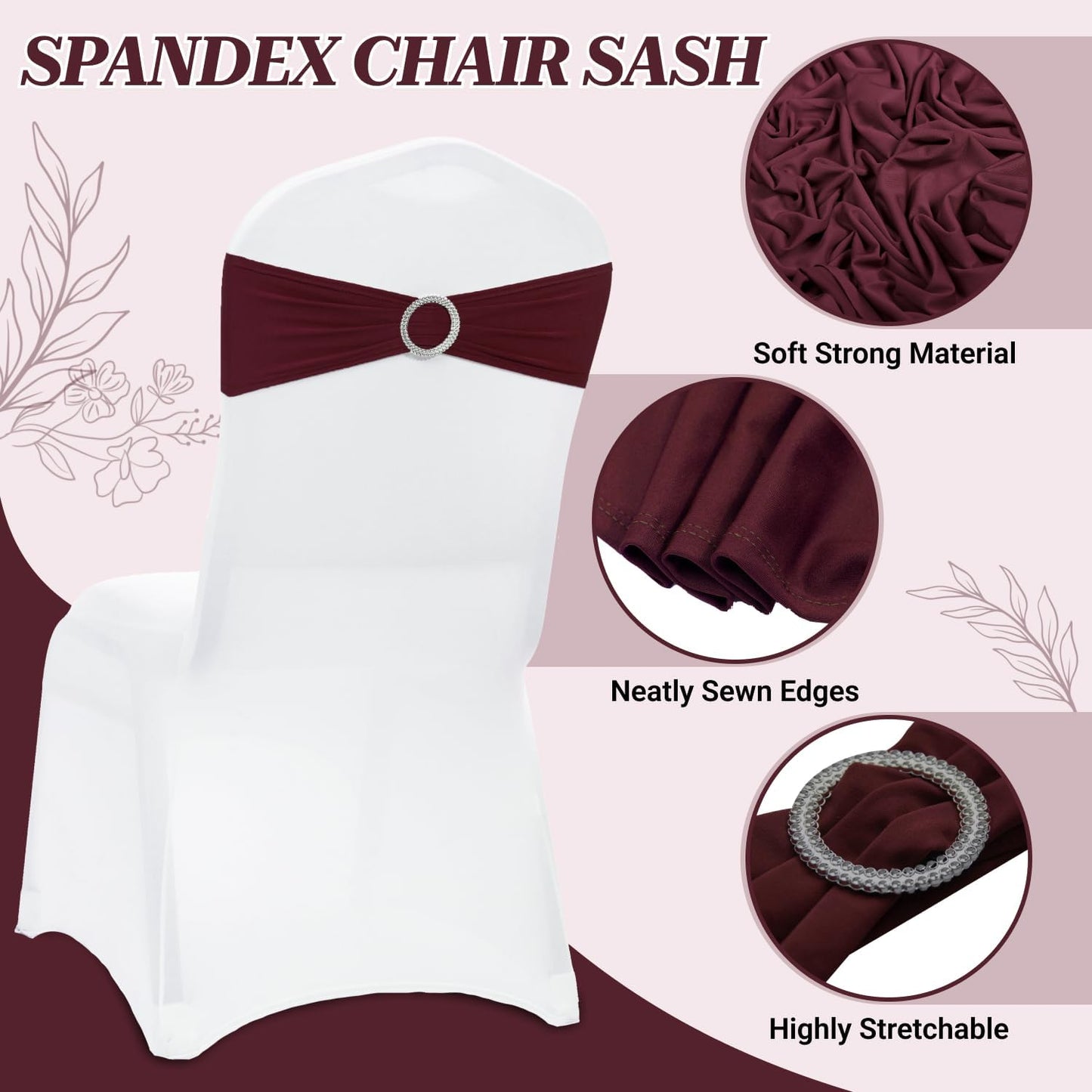 MDS Premium Spandex Chair Sashes - Universal Stretch Covers with Buckle Slider | Pack of 50 - Burgundy