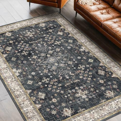 Ashen Multi 5x7 Boho Living Room Rug - Washable Vintage Non-Slip Carpet