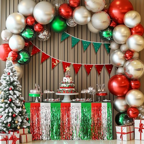 Watch Me Fly 2 Pack Holiday Table Skirts - Red, Green & Silver Metallic Fringe, 30x108 Inches