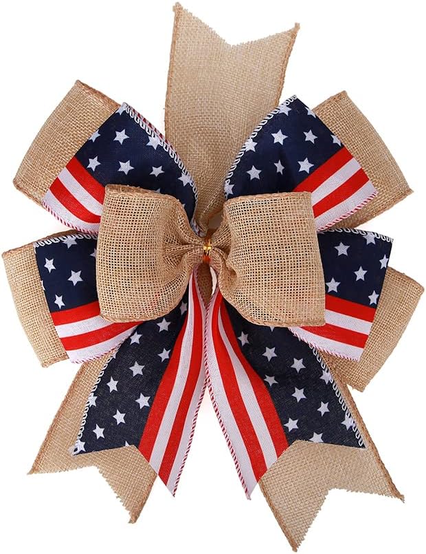 Meseey Patriotic Bows for Wreaths - Large Burlap Red, White & Blue Stripe Stars Bow | 12” x 9.4” for 4th of July Decor