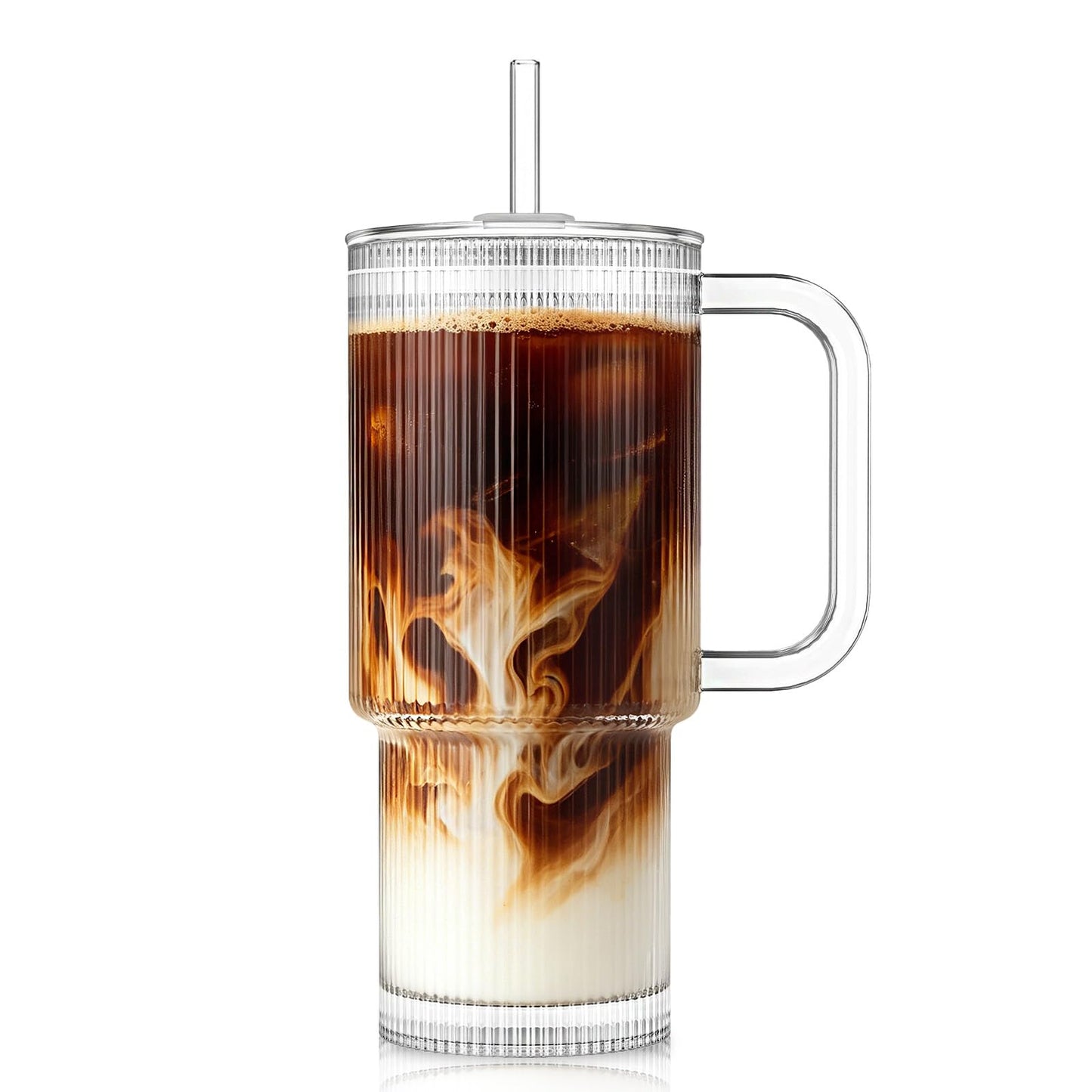 KEMORELA Large 26oz Clear Glass Mug with Handle and Sliding Lid – Aesthetic Ribbed Tumbler for Iced Coffee, Smoothies & Hot Drinks – Reusable Travel Cup with Straw, Dishwasher Safe (Ribbed Tumbler)