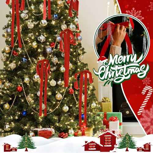 Draupnir 10 Pcs Long Velvet Bows Ornaments, Velvet Christmas Swag Bow for Christmas Tree Garland Swag Staircase Wreath, Large Bow for Christmas Indoor Outdoor Decoration(23.62x15.75 inch)