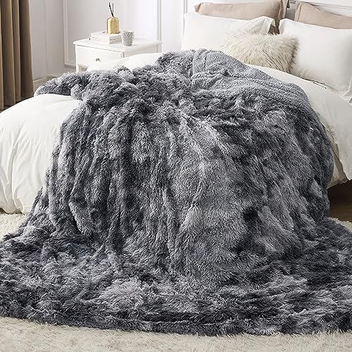 Bedsure Faux Fur Fluffy Sherpa King Bed Blanket Tie Dye Grey 108x90