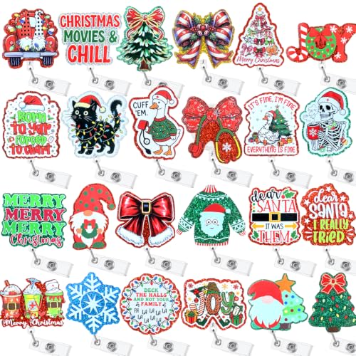 24 PCS Cute Christmas Badge Reels Bulk for Nurses, Retractable Winter