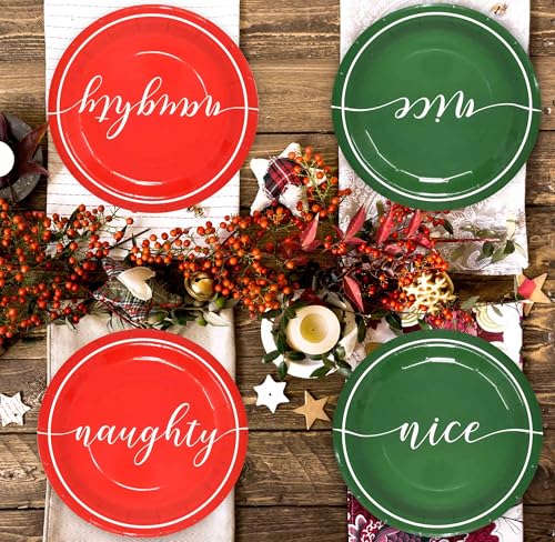50 Pack Christmas Disposable Dinner Plates 9-Inch Naughty & Nice Holiday Tableware