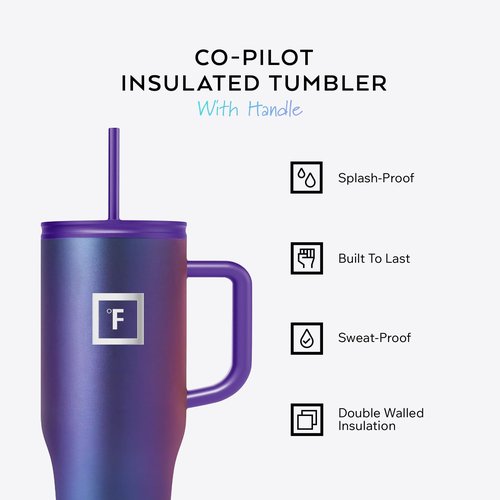 IRON °FLASK Co-Pilot Insulated Mug w/Straw & Flip Cap Lids - Cup Holder Bottle for Hot, Cold Drink - Leak-Proof - Water, Coffee Portable Travel Mug - Cobalt Blue, 32 Oz