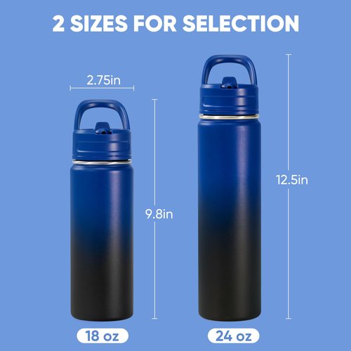 Fijinhom 18oz Insulated Stainless Steel Water Bottle with Straws, Double Wall Vacuum Insulated Bottles, Metal Thermo for Travel, Sports, Leak-Proof, BPA Free, Women & Men, Blue Gradient