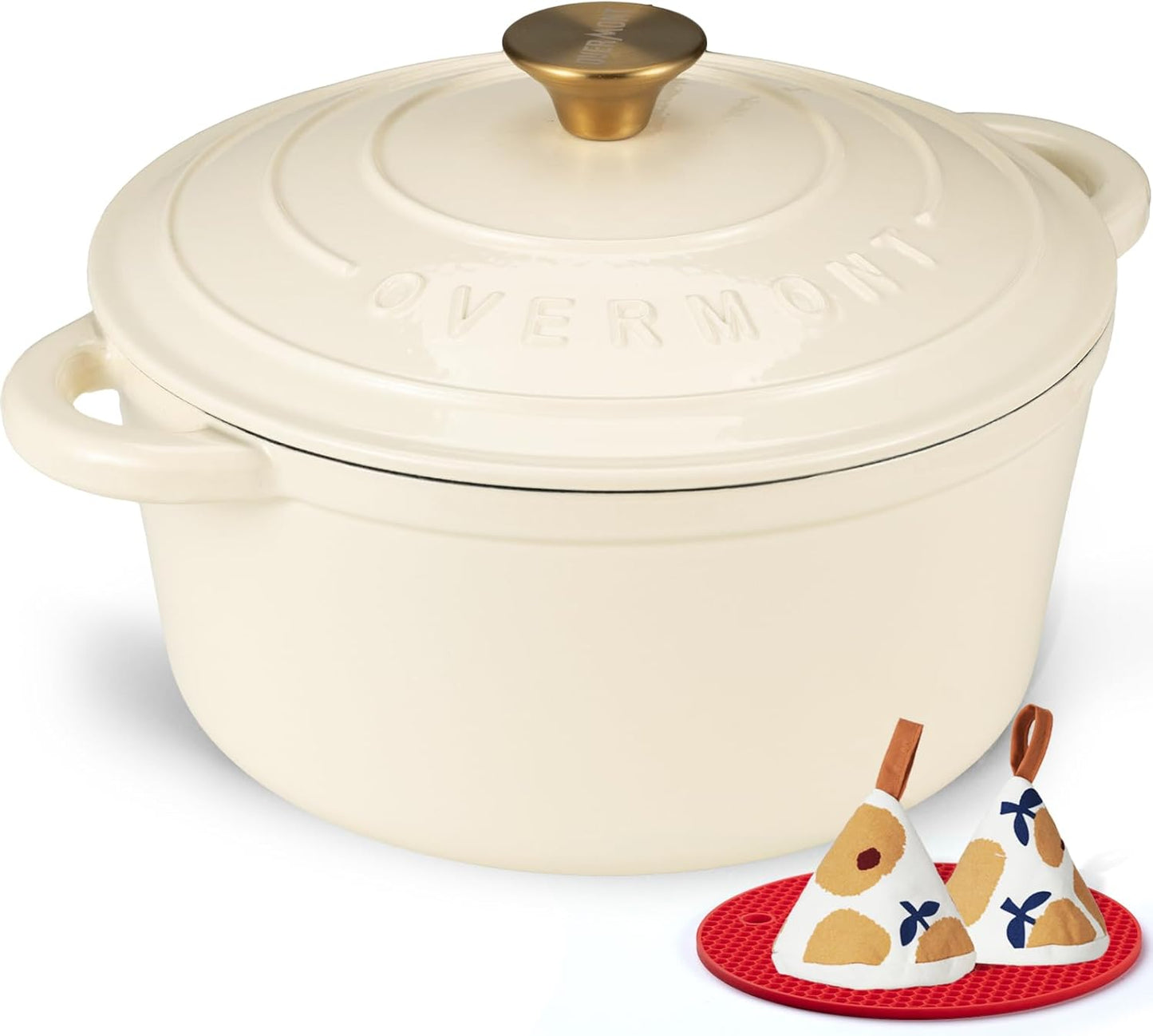 Overmont Enameled Cast Iron Dutch Oven - 7QT Heavy-Duty Pot with Lid & Potholders | Cream White for Braising, Stews, Roasting