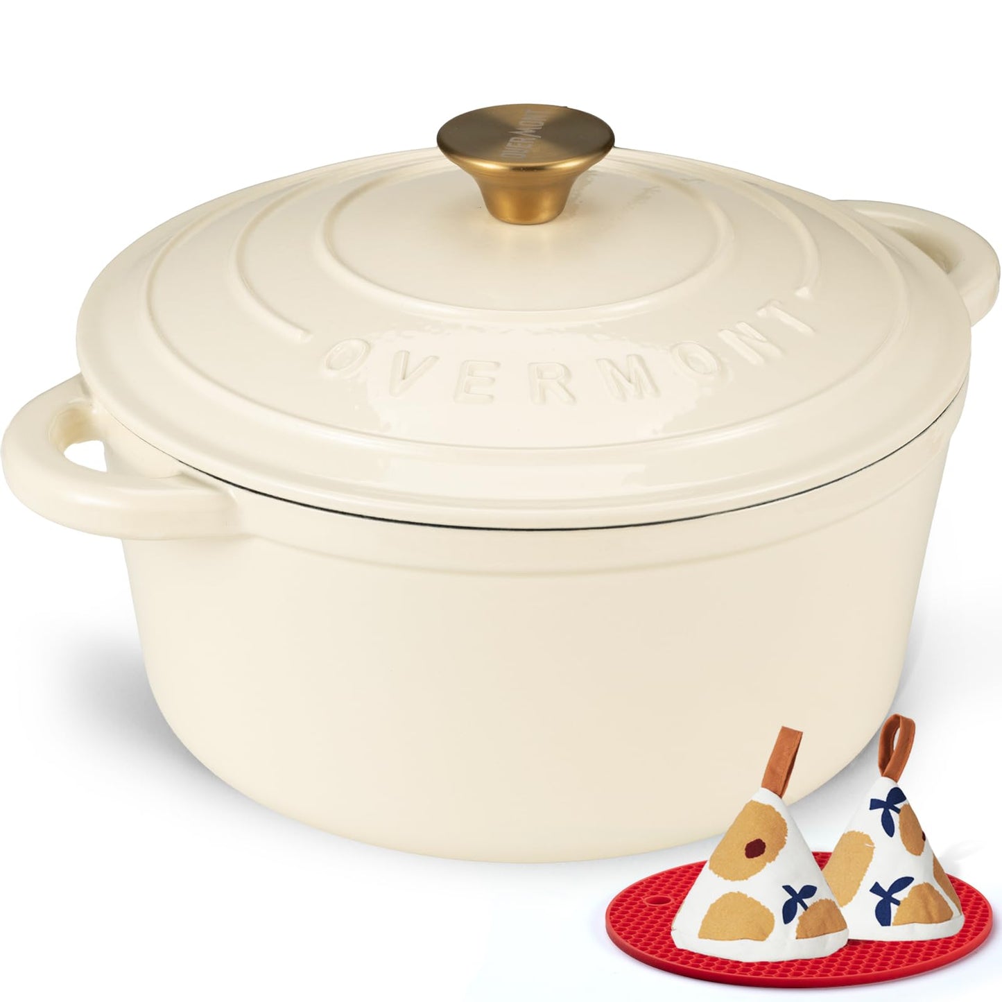 Overmont Enameled Cast Iron Dutch Oven - 5.5QT Pot with Lid Cookbook & Cotton Potholders - Heavy-Duty Cookware for Braising, Stews, Roasting, Sourdough Baking Cream White