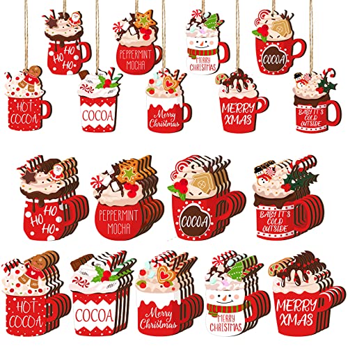 BBTO 36 Pieces Christmas Ornaments Hot Cocoa Cup Wood Hanging Ornaments Gingerbread Marshmallow Coffee Bar Decoration Wood Xmas Decoration for Tree Home