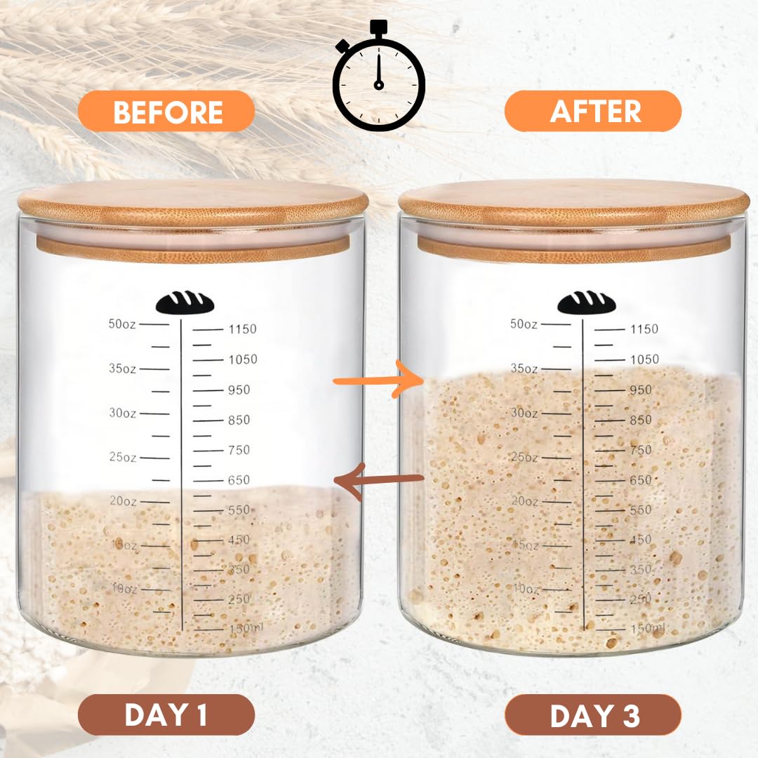 Yayacol 50oz Sourdough Starter Jar Glass with Recipes, Sourdough Starter Kit, Large Capacity Wide Mouth Glass Jar with lid, Sourdough Bread Baking Supplies