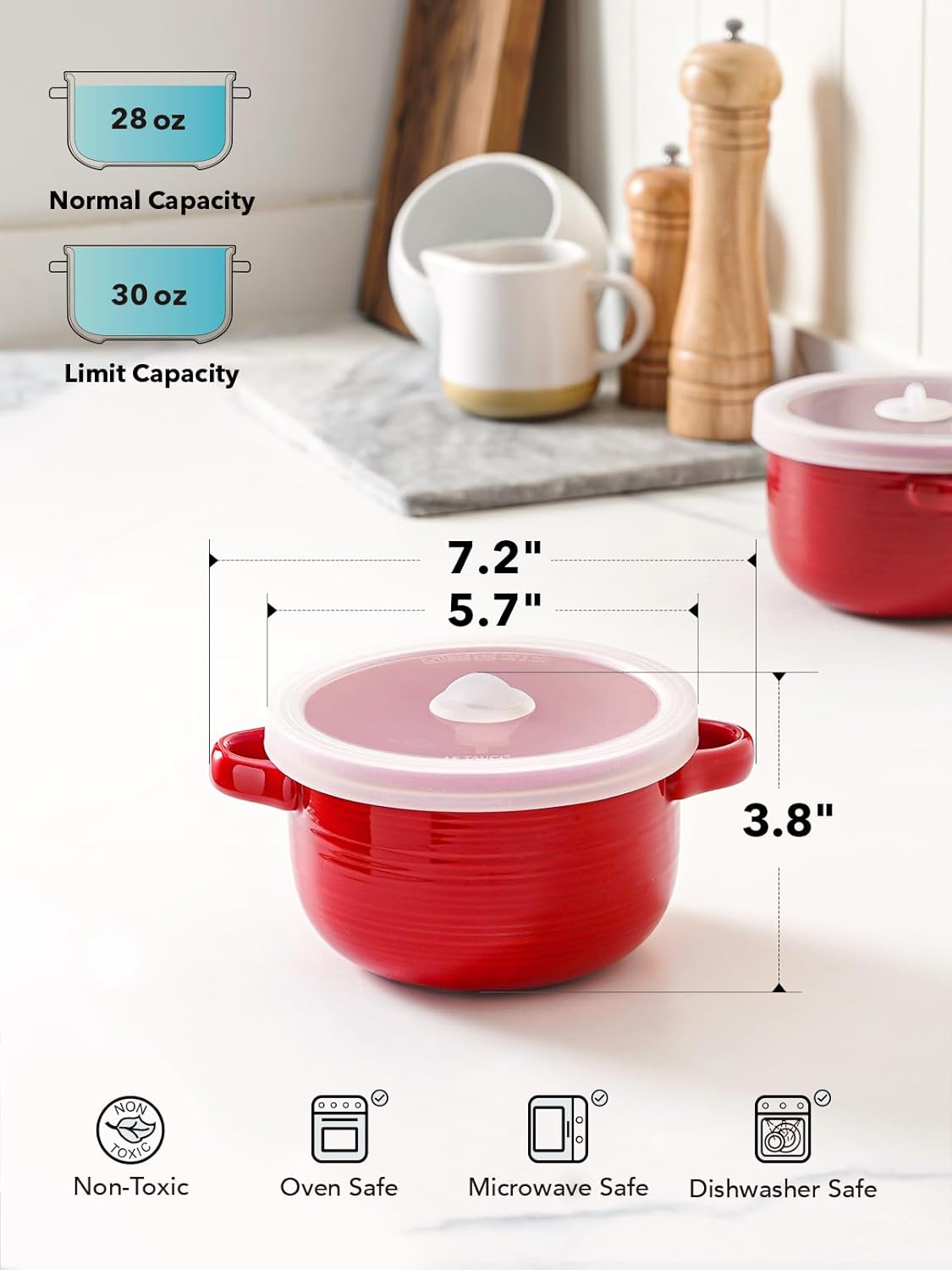 LE TAUCI Soup Bowls - 28 oz Ceramic Ramen Bowls with Handles & Silicone Lids | Set of 2, Red, Microwavable & Oven Safe