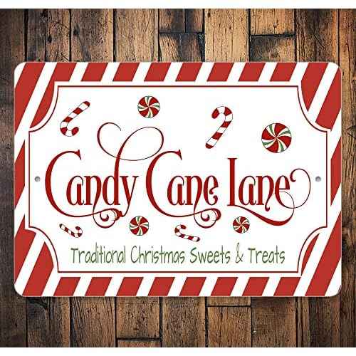 Candy Cane Lane Retro Metal Tin Sign Traditional Christmas Sweets and Treats Print Wall Art for Home Living Room Outdoor or Indoor Wall Decor Gift Christmas Candy Cane Lollipop Poster 8x12 Inch