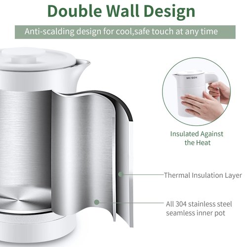 0.6L Small Electric Kettles Stainless Steel, Travel Mini Hot Water Boiler Heater, Double Wall Cool Touch Portable Teapot, Auto Shut-Off & Boil-Dry Protection, 120V/800W, 2 Year Warranty (white)