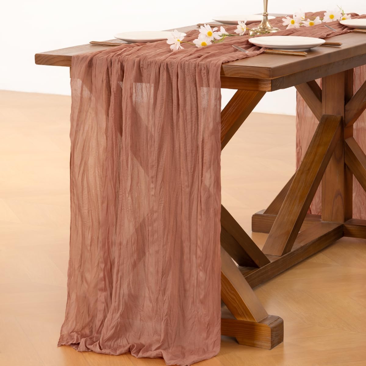 Socomi Cheesecloth Table Runner - Boho Rustic Design in Dusty Rose | 120 Inch for Weddings & Events