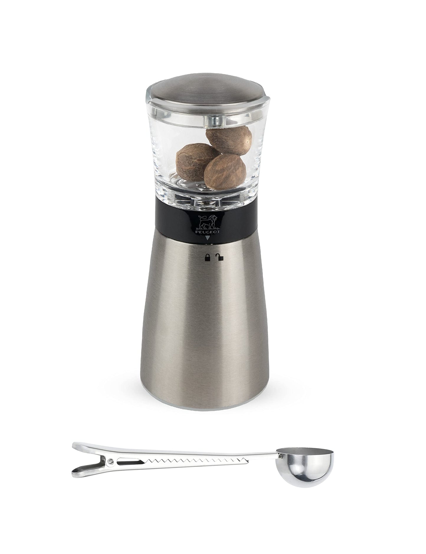 Peugeot - Madras Manual Nutmeg Mill - Spice Grinder - Stainless Steel Gift Set - With Stainless Steel Spice Scoop & Clip (Silver)