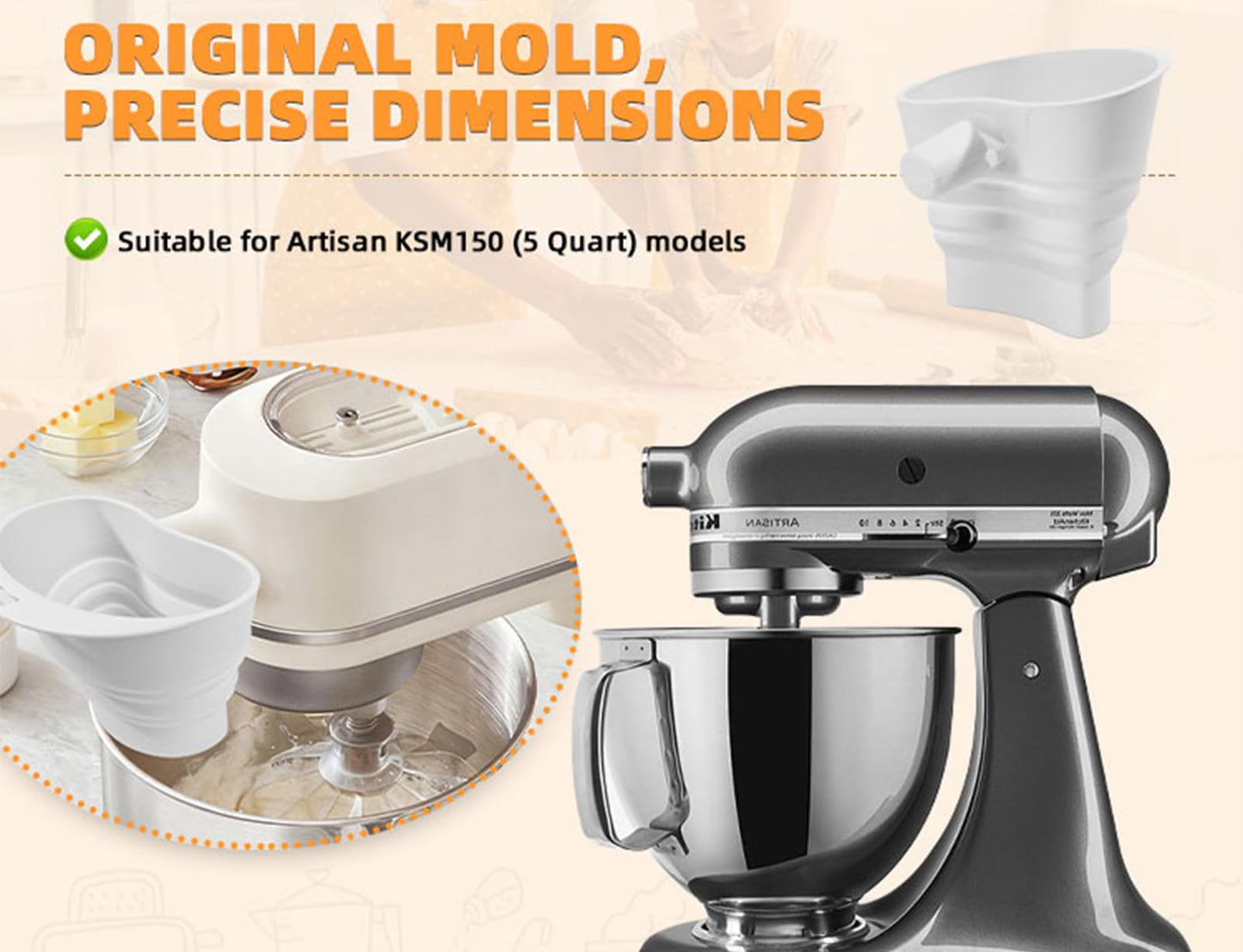Silicone flour funnel for KitchenAid stand mixers, foldable wide-mouth design, anti-clog and splash-proof, easy to pour, suitable for KitchenAid Artisan KSM150 5-Quart Tilt-Head Mixer, dishwasher-safe