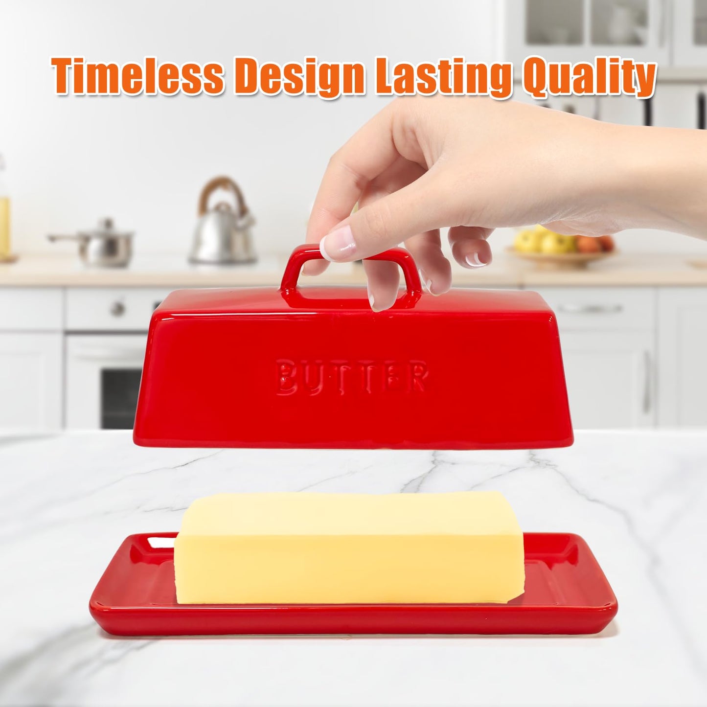 Gute Butter Dish with Lid for Countertop, Covered Ceramic Butter Dish, Butter Tray Storage for 1 Stick of Butter, Butter Keeper Container with Handle for Kitchen, Red