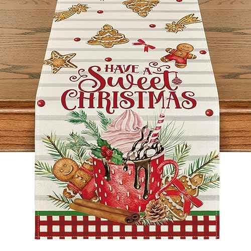 Artoid Mode Ice Cream Gingerbread Sweet Christmas Table Runner, Seasonal Winter Kitchen Dining Table Decoration for Home Party Indoor 13x72 Inch