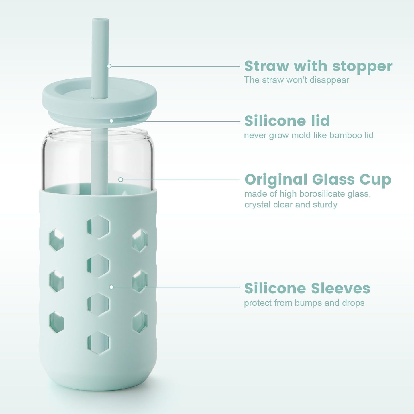 Mrsdry Glass Cups with Lids and Straws (4 Pcs), 20oz Drinking Glasses Set with Silicone Sleeves for Coffee Bar Accessories Iced Coffee Cups with Lids, Glass Tumbler Reusable for Gifts