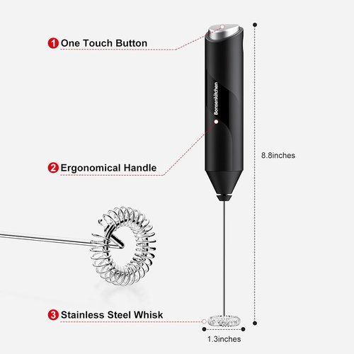 Bonsenkitchen Milk Frother - Powerful Handheld Drink Mixer with Stainless Steel Whisk | Battery Operated - Black