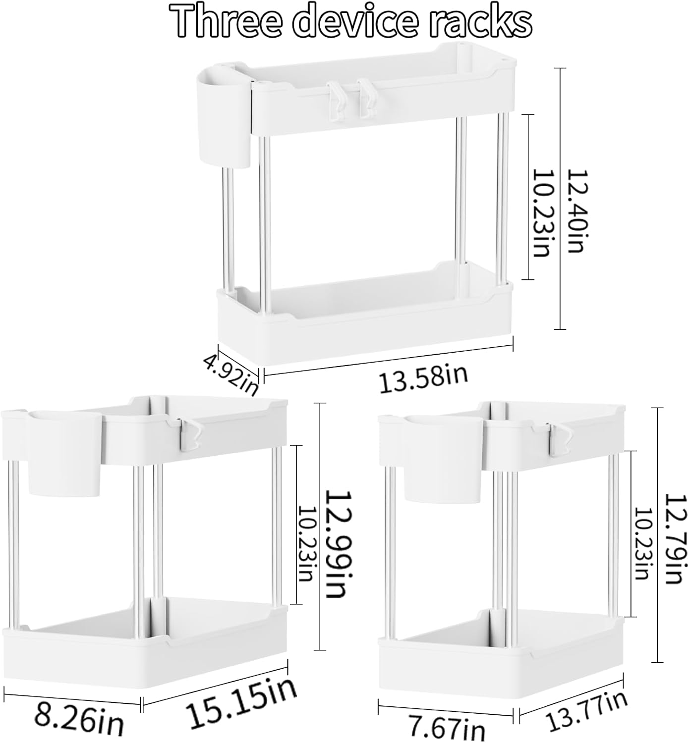 Skiennix 3 Pack Under Sink Organizers - 2 Tier Bathroom Cabinet Shelf with Hanging Cups | White