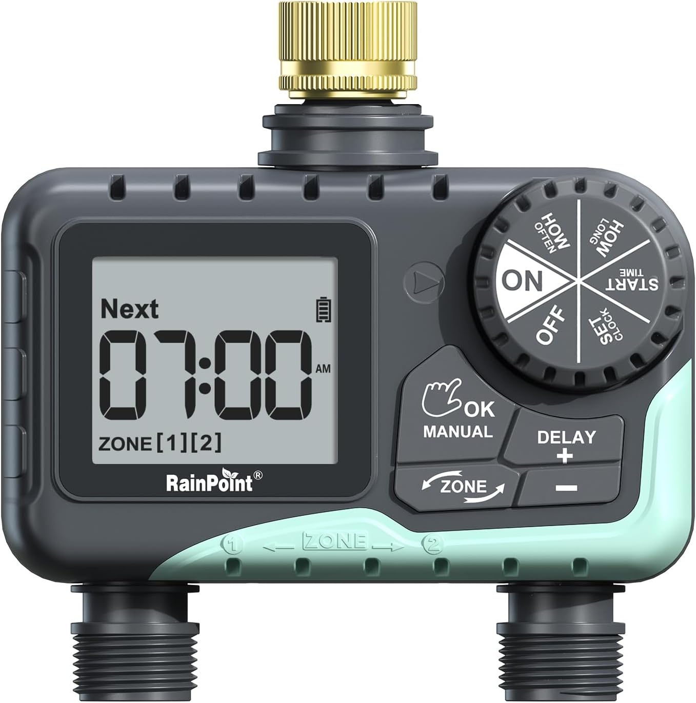 RAINPOINT Water Timer for Garden Hose - Programmable Sprinkler Timer with Brass Swivel | 2 Outlets for Automatic Irrigation