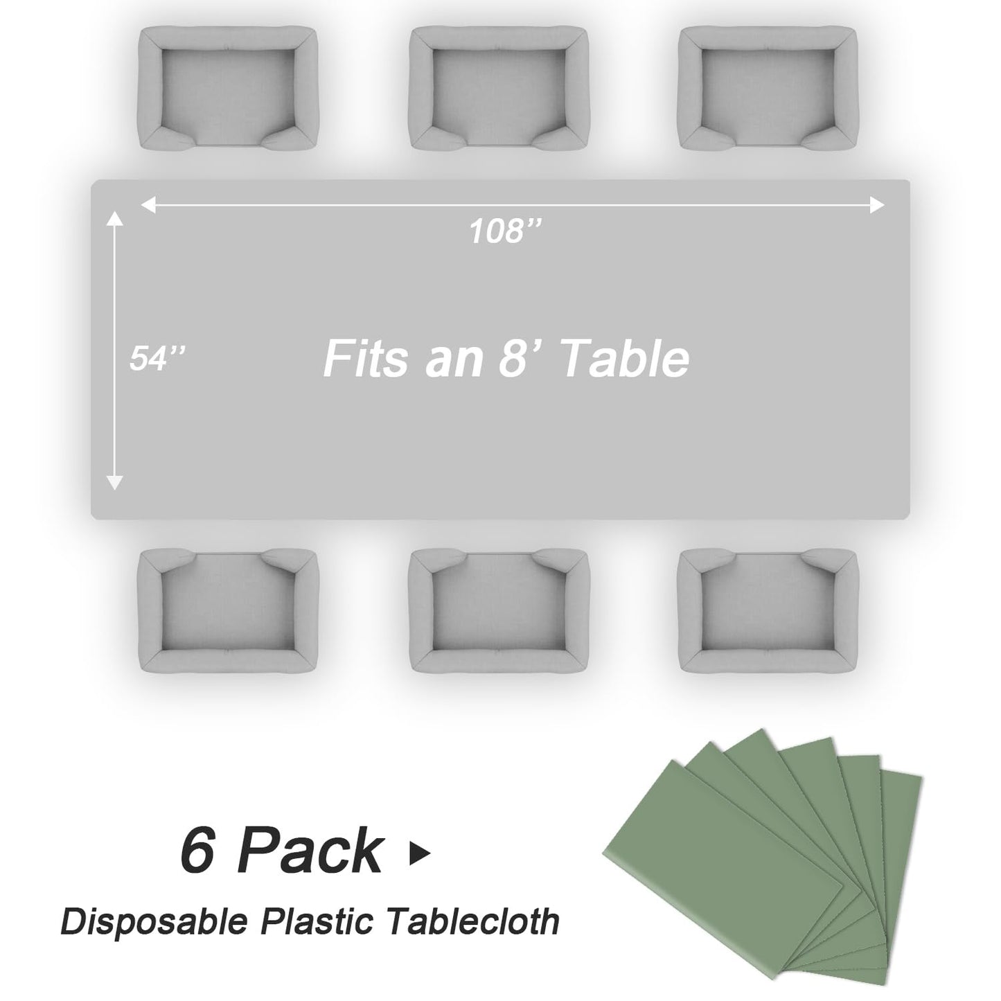 QIKSION Sage Green Plastic Table Cloth Disposable 6 Pack, 54 x 108 Inch Tablecloths for Baby Shower Birthday Bridal Wedding Party Decorations, Rectangle Table Cover