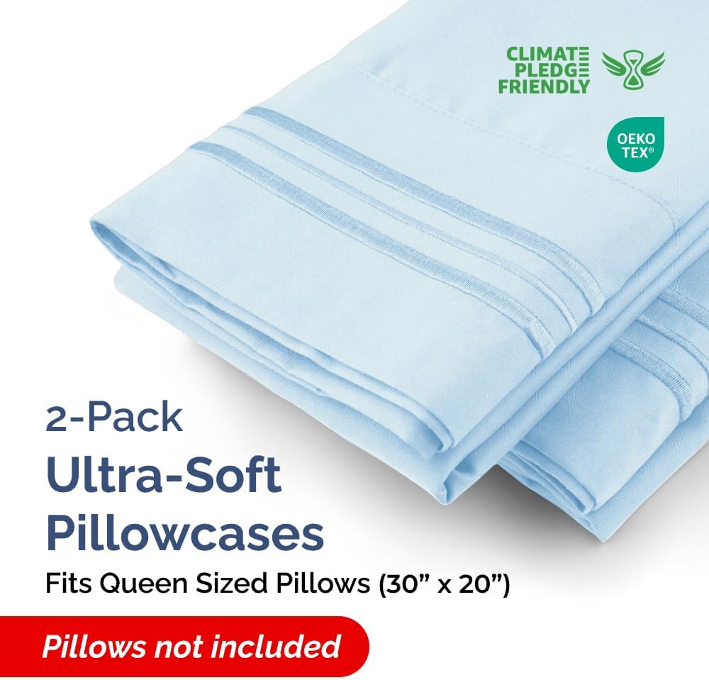 Queen Pillow Cases by [Brand Name] - Ultra Soft Hotel Quality Covers | Wrinkle-Free, Stain-Resistant - Sky Blue - Set of 2