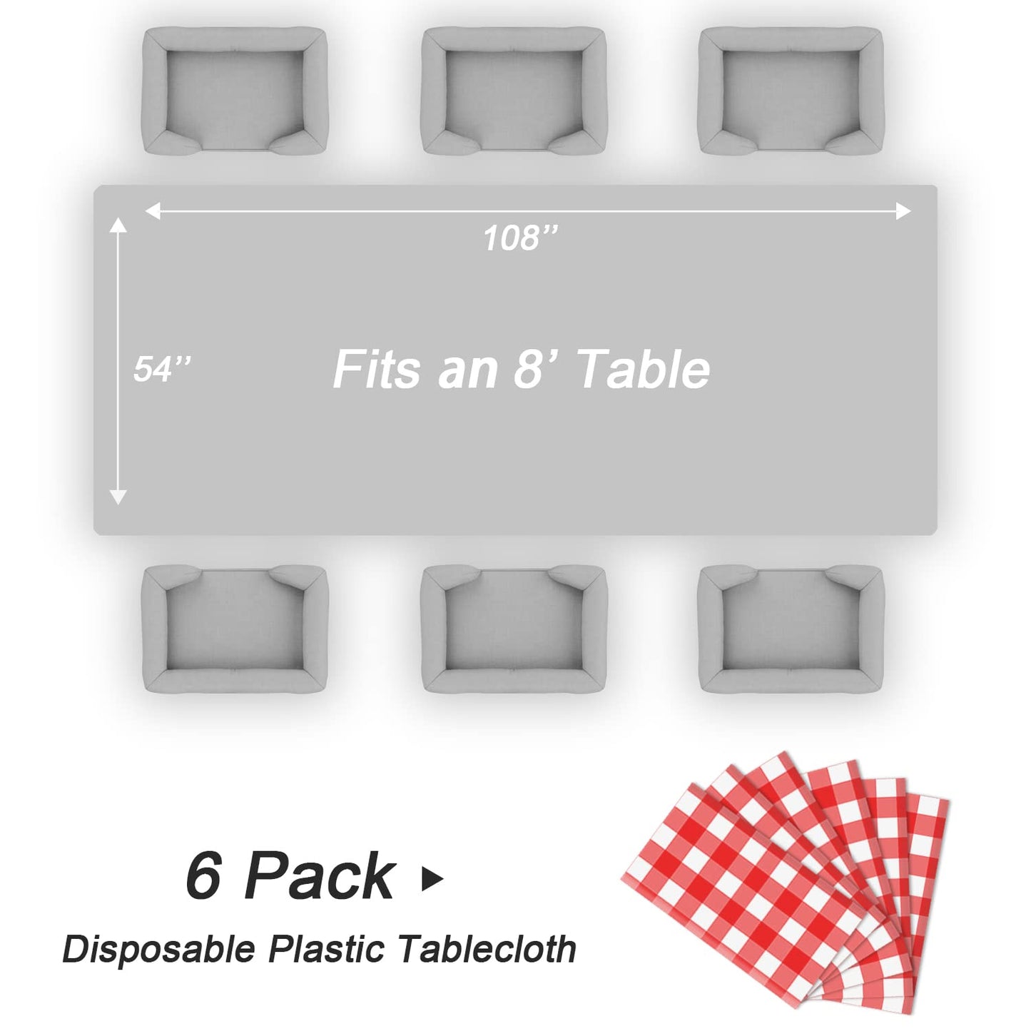 QIKSION Red Gingham Tablecloth Disposable 6 Pack, 54 x 108 Inch Red and White Checkered Table Cloth for Picnic, Outdoor BBQ Decorations, Birthday Party Supplies, Rectangle, Plastic Table Cover