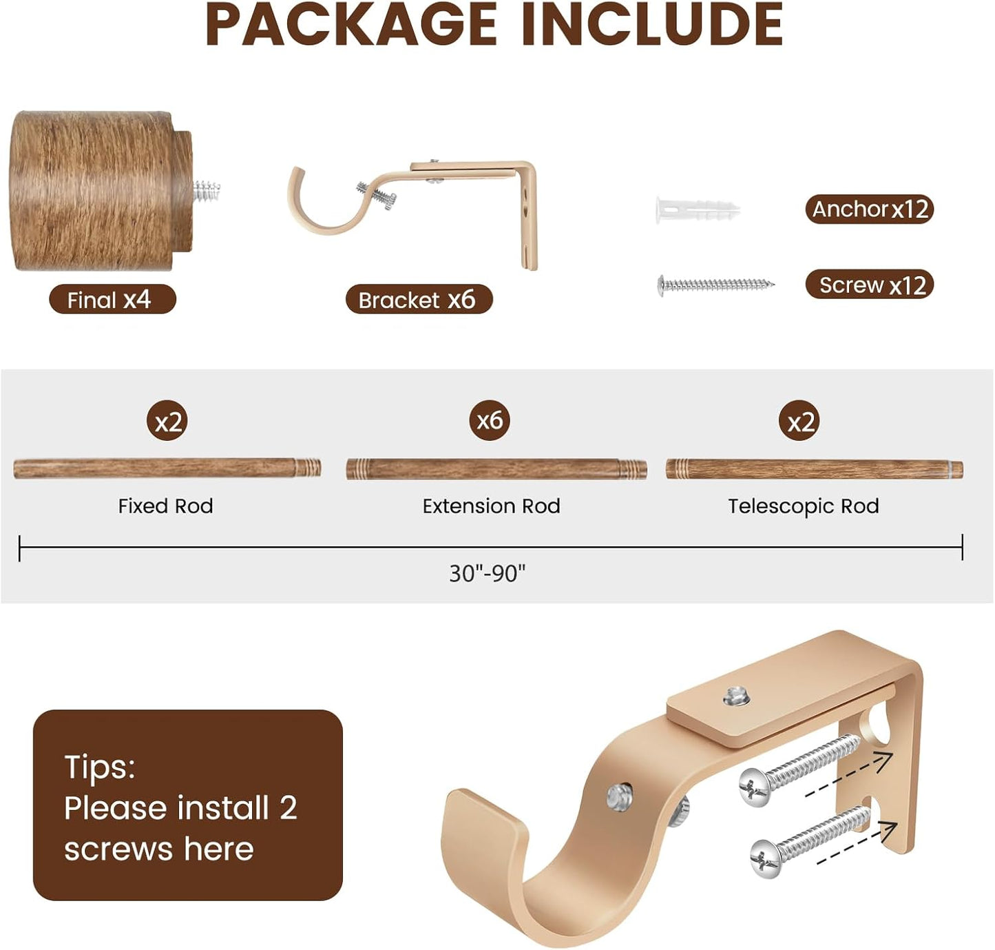 Skiennix 1” Diameter Adjustable Curtain Rods - Heavy Duty Matte Wood Grain | 30-90 Inch, 2 Pack