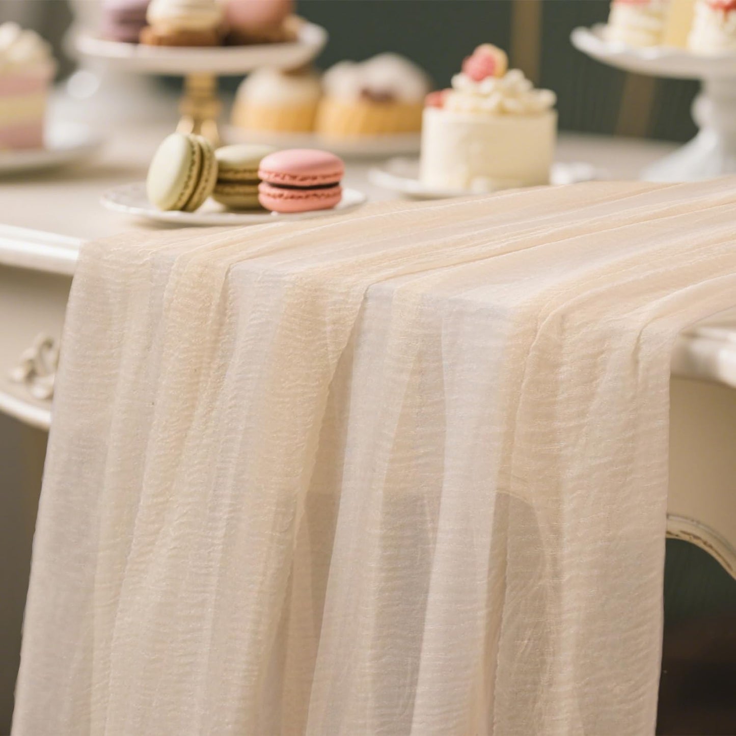 10ft Cheesecloth Table Runner, 1 Pack 120-Inch Boho Bubble Gauze Table Runner, Ivory Rustic Sheer Fabric for Wedding, Bridal Baby Shower, Spring Party Table Decor