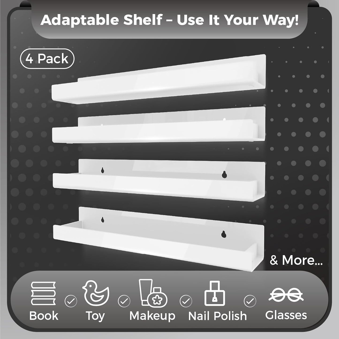 White Acrylic Shelves by [Brand Name] - 15 Inch Kids Floating Bookshelf | Modern Toy & Picture Ledge Storage
