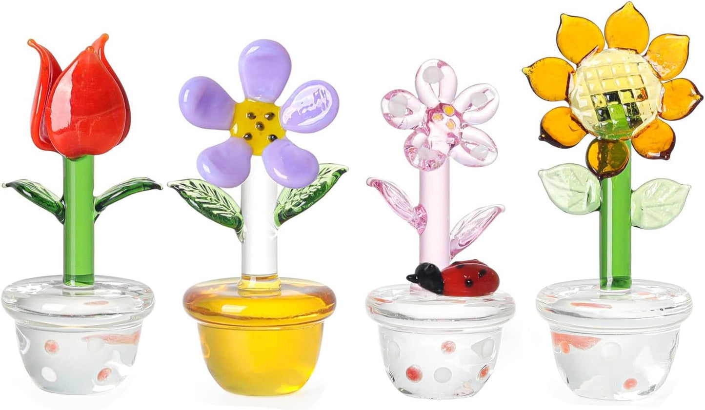 LONGWIN Mini Crystal Flower Figurines - 4pcs Hand Blown Glass Spring Bouquet | Lucky Home Decor Gift for Any Occasion