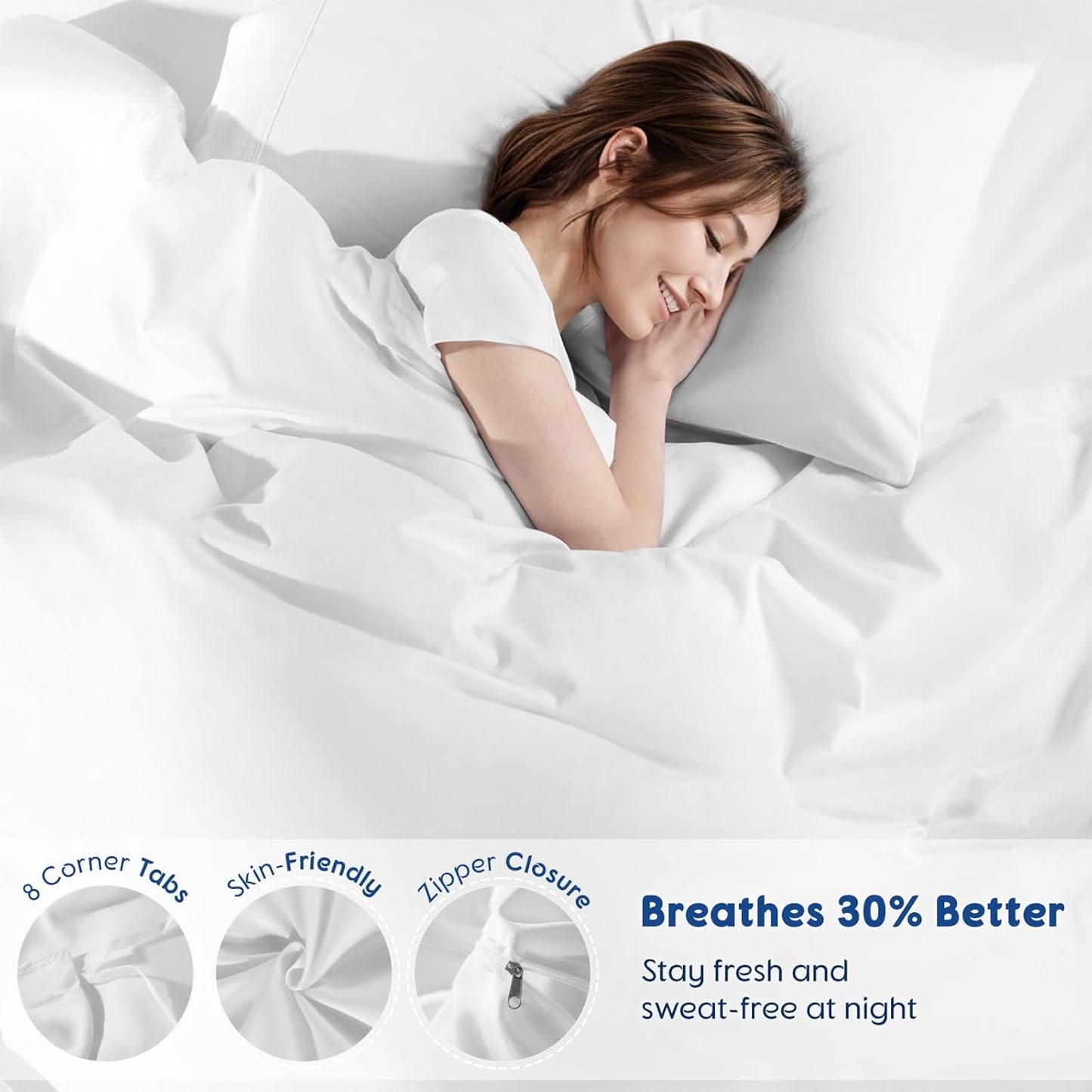 SONORO KATE 100% Egyptian Cotton Duvet Cover | Soft & Breathable 1000 Thread Count - Queen Size, White, 3 PC