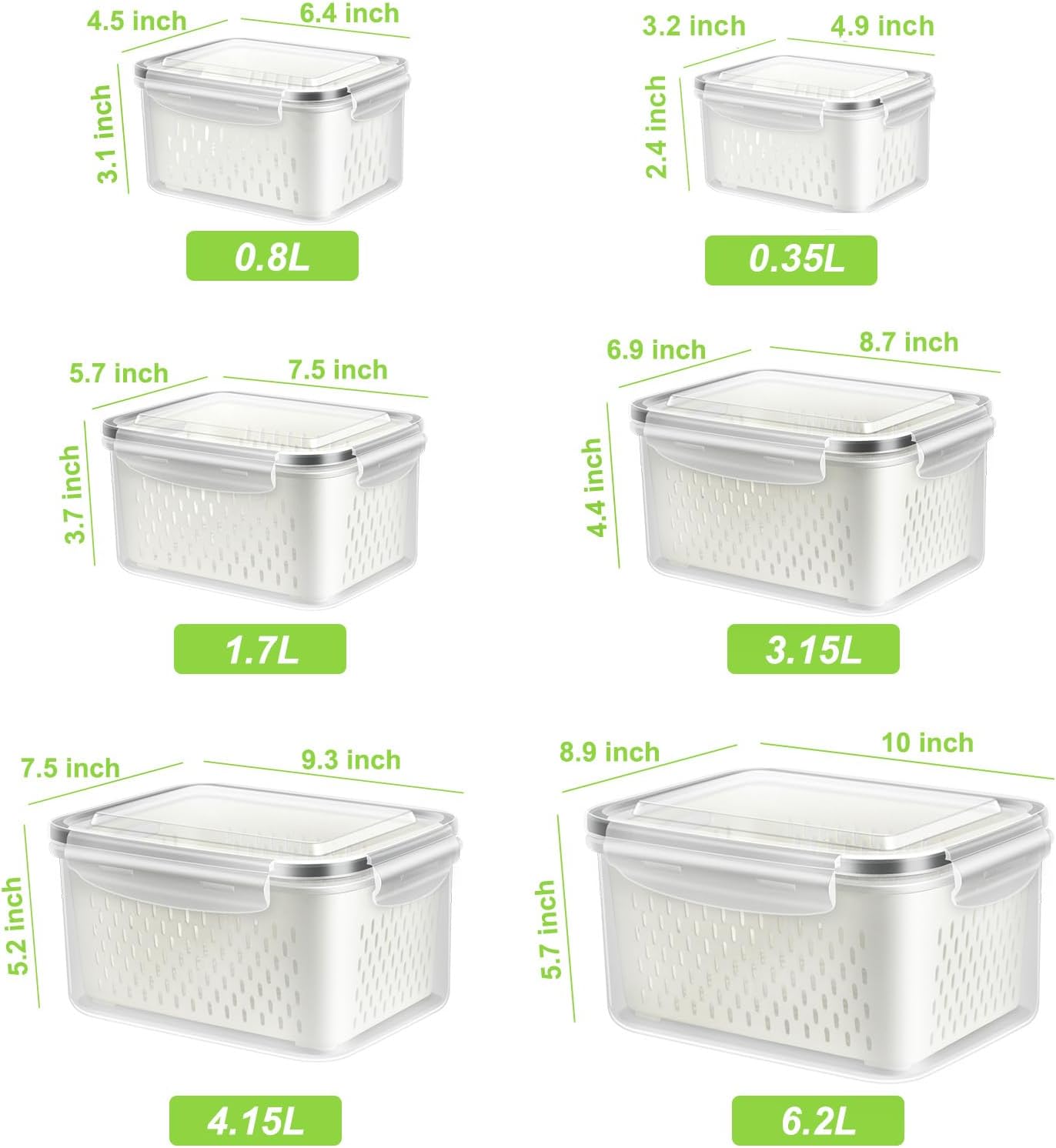 TBMAXS 6-Pack Fruit Storage Containers - Produce Saver with Drain Colanders | Refrigerator Organizer for Freshness