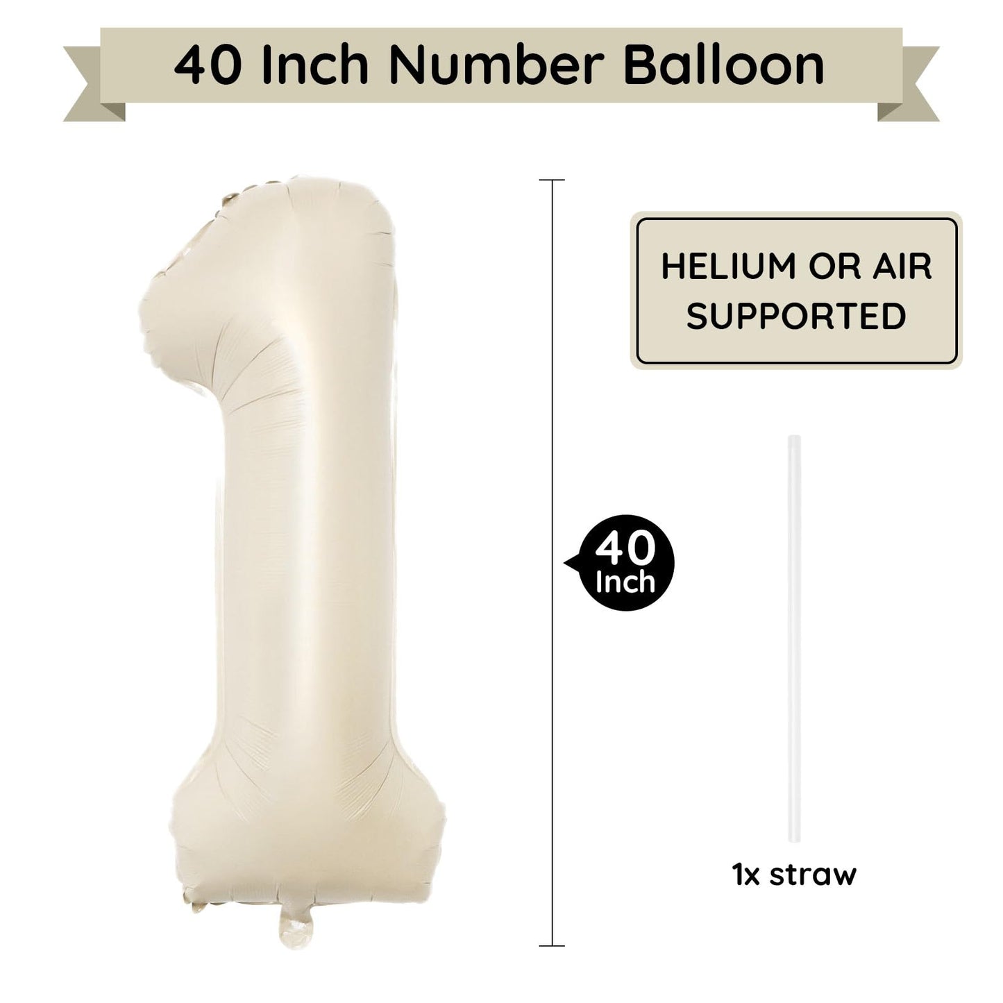 PatiCool 40 Inch Beige Number Balloon 1, Large Cream Number Foil Mylar Balloons for Birthday Party Celebration Decorations Supplies, Digital Balloons for Wedding Anniversary Events Decorations
