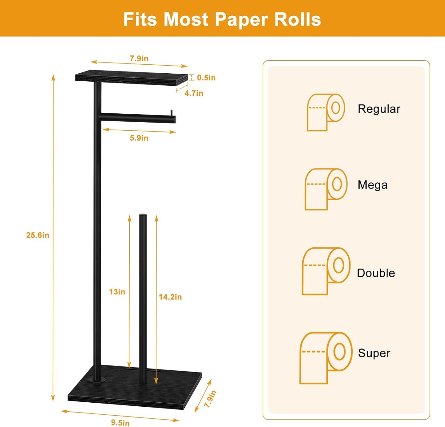 Skiennix Free Standing Toilet Paper Holder - Black Bathroom Tissue Dispenser with Storage Shelf