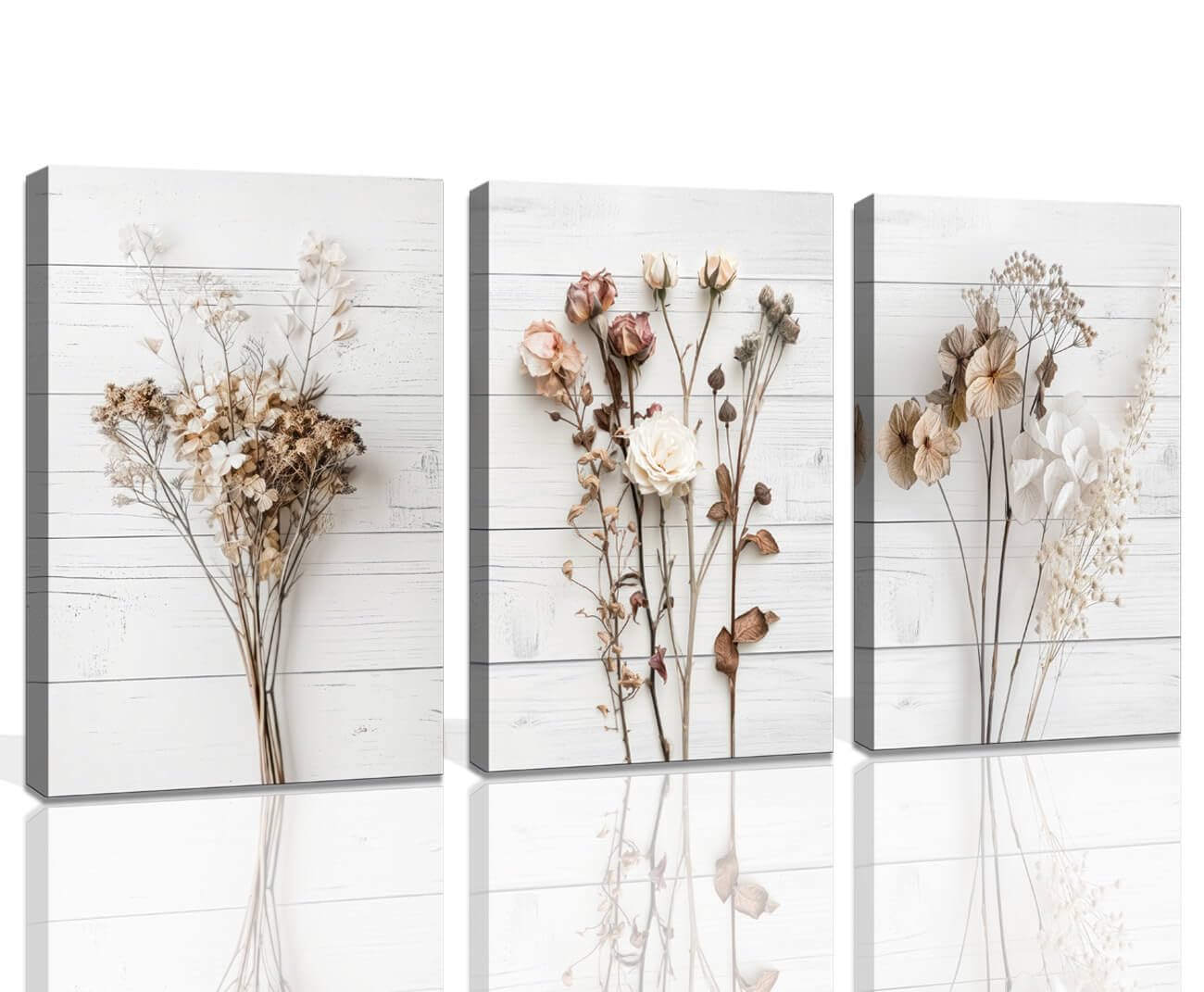 Modern Farmhouse Wall Decor Dried Wildflower Neutral Canvas Print Still Life Wall Art for Bedroom Aesthetic Rustic Floral Wall Art for Living Room Wall Decoration Stretched Set of 3 Pieces 16x24inches