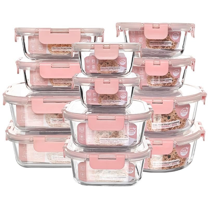 Pink Glass Storage Containers Set 12 Pack - Stackable Food Prep & Pantry Organizer