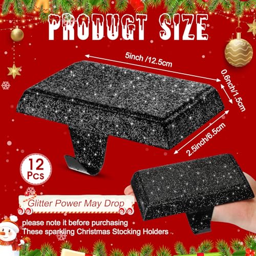 Huwena 6 Pcs Glittery Black Stocking Holders - Christmas Mantel Hooks