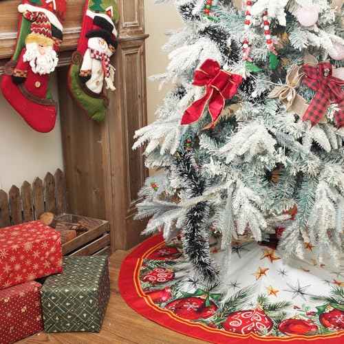 CROWNED BEAUTY Christmas Tree Skirt Collar 48 Inch Red Balls Soft Farmhouse Holiday Decoration (Red) TS38