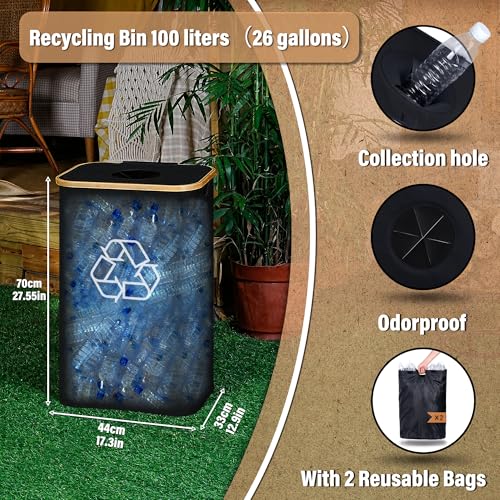 Recycling Bin for Kitchen 26 Gallon Black with 2 Reusable Inner Bags
