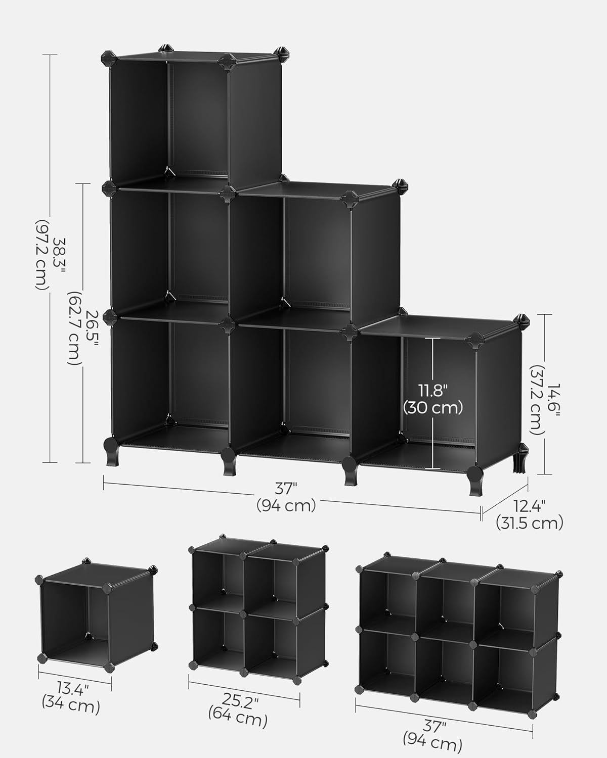 SONGMICS 6 Cube Storage Organizer - Modular Bookshelf with Stackable Shelves | Black, 11.8 x 11.8 x 11.8 Inch