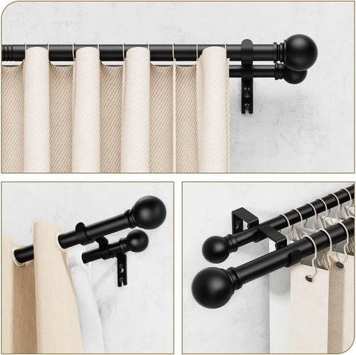 GXOACKJ Double Curtain Rods - Adjustable 36 to 90 Inch Heavy-Duty Drapery Rods with Round Finials | Black