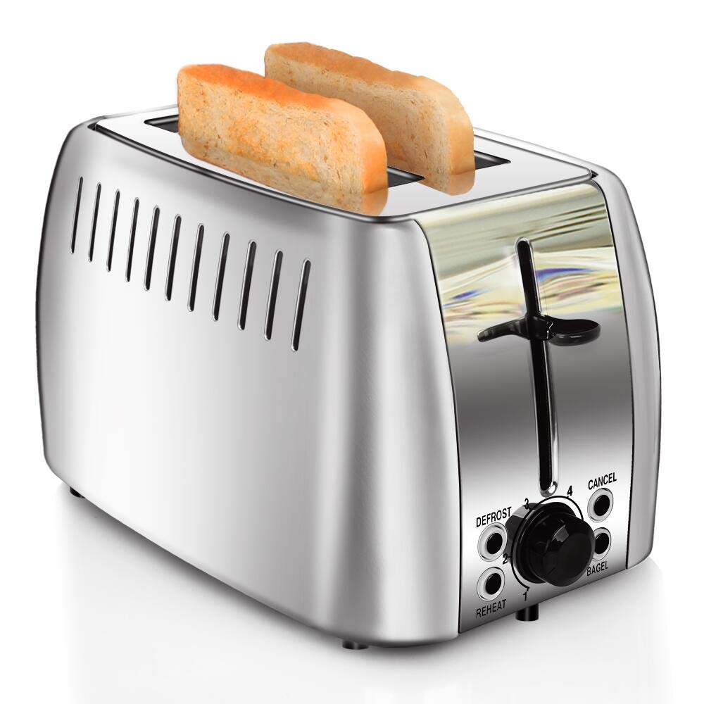 prepAmeal Toaster 2 Slice Stainless Steel Bagel Toaster Extra Wide Slots with 6 Browning Setting, Bagel/Reheat/Defrost/Cancel Function for Toasting Bread, Bagels and Waffles, 750W, Silver