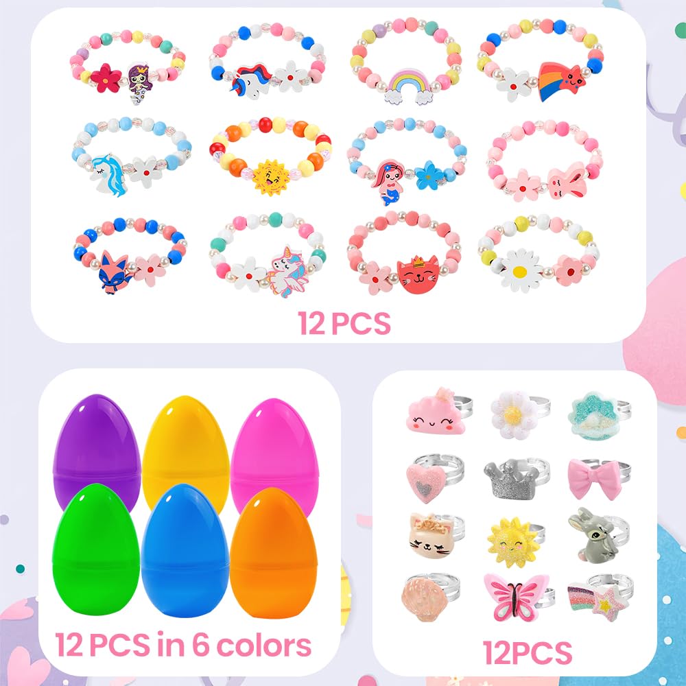 Vellibring 12 Pack Prefilled Easter Eggs with 24pcs Bracelets Rings Easter Basket Stuffers Egg Fillers for Girls Party Favors Kids Toddler Easter Presents