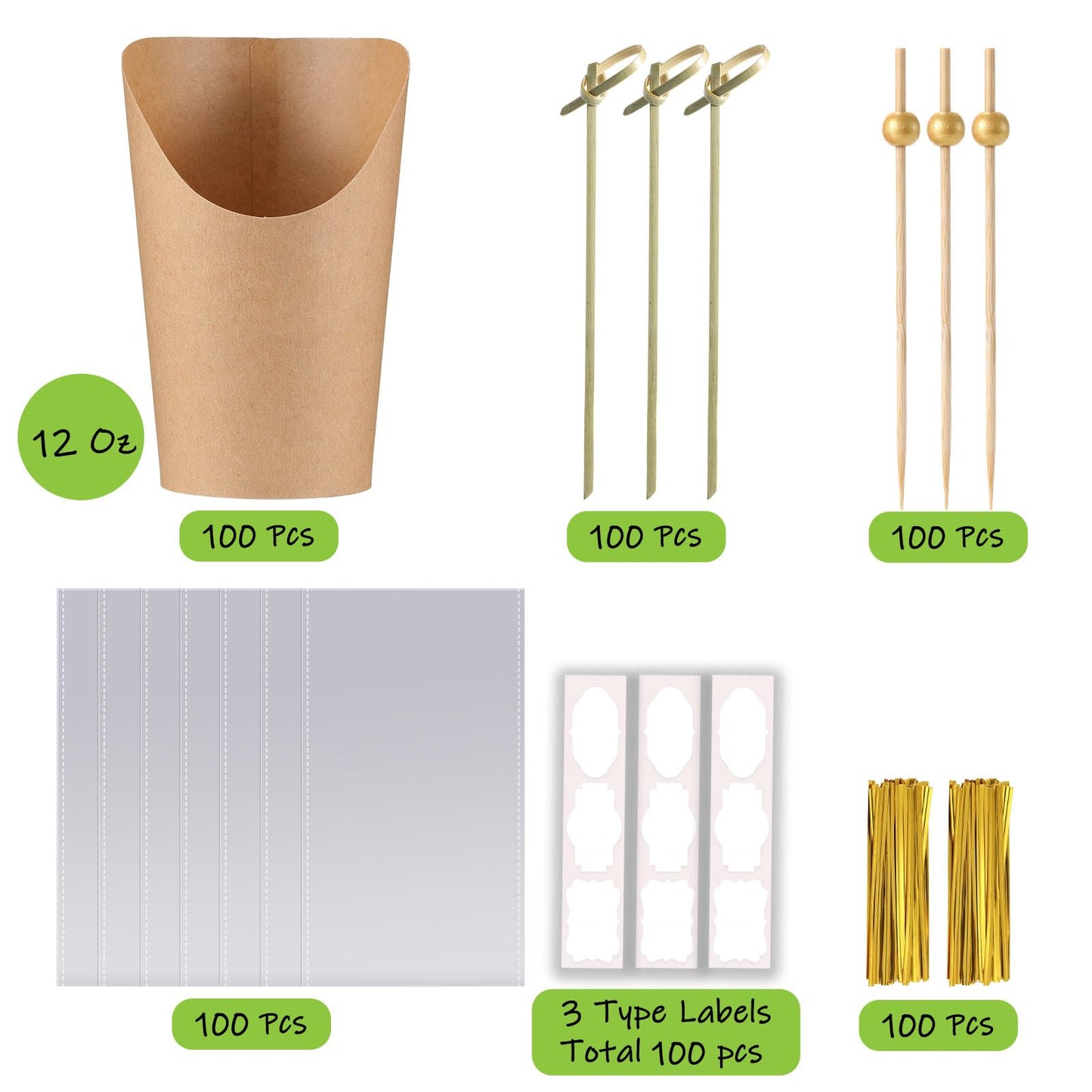 100 Pcs Charcuterie Cups with Sticks 12oz, Individual Disposable Handheld Holder with 100 Bags+100 Lables+200 Cocktail Skewers Tooth Picks, Paper Appetizer Board Snack Boxes for French Fry, Brown